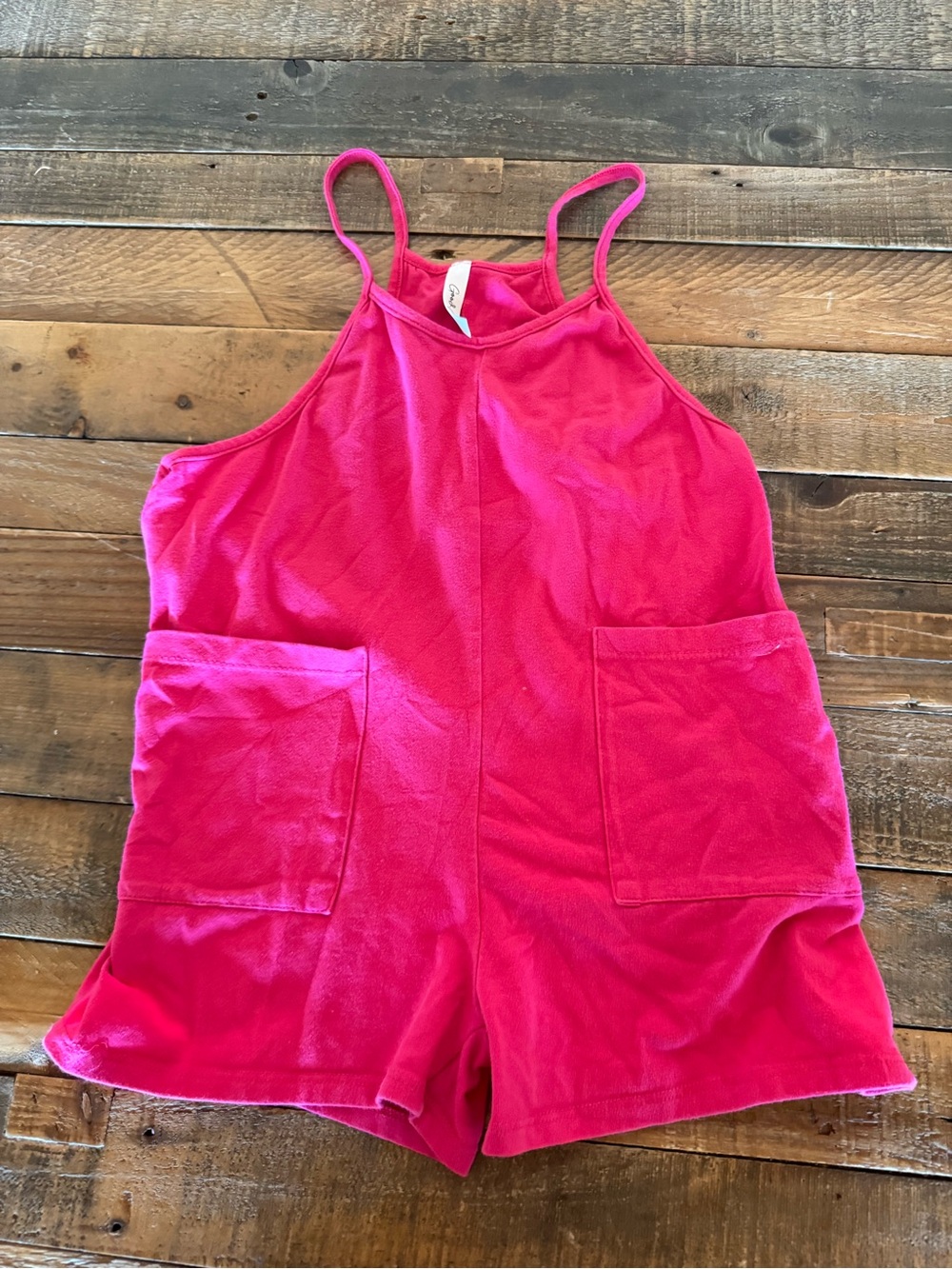 Girls Hot Pink Terry Romper with Front Pockets